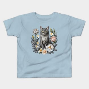 Grey Tabby Cat And Peonies Kids T-Shirt